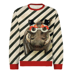 Black and white striped Christmas jumper with a warthog wearing festive glitter glasses.