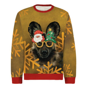 Gold coloured Christmas jumper with an African wild dog wearing sparkly gold glasses with a Christmas tree and Santa Claus.