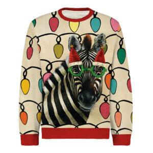 Beige Christmas jumper with colourful lights and a zebra wearing glittery green glasses with Santa hats.
